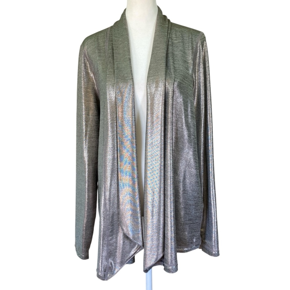 Three Dots Foil Printed Silver Open Front Shawl‎ Collar Cardigan (Size L)